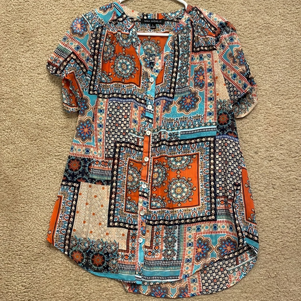 Sara Michelle Patchwork Boho Sheer Button Front Blouse. Women’s Size L - Picture 3 of 7